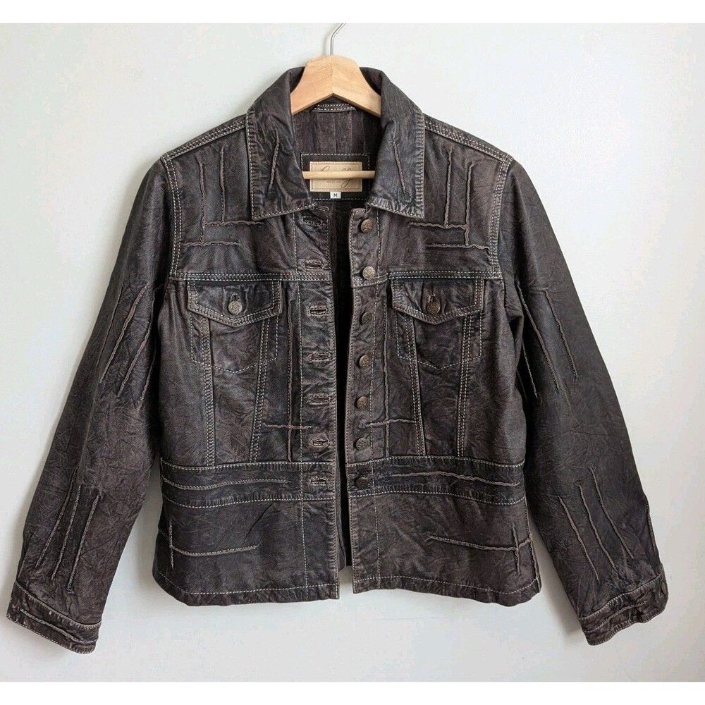 Y2K Scully Leather Womens M Brown Leather Jacket Distressed Topstitch Biker